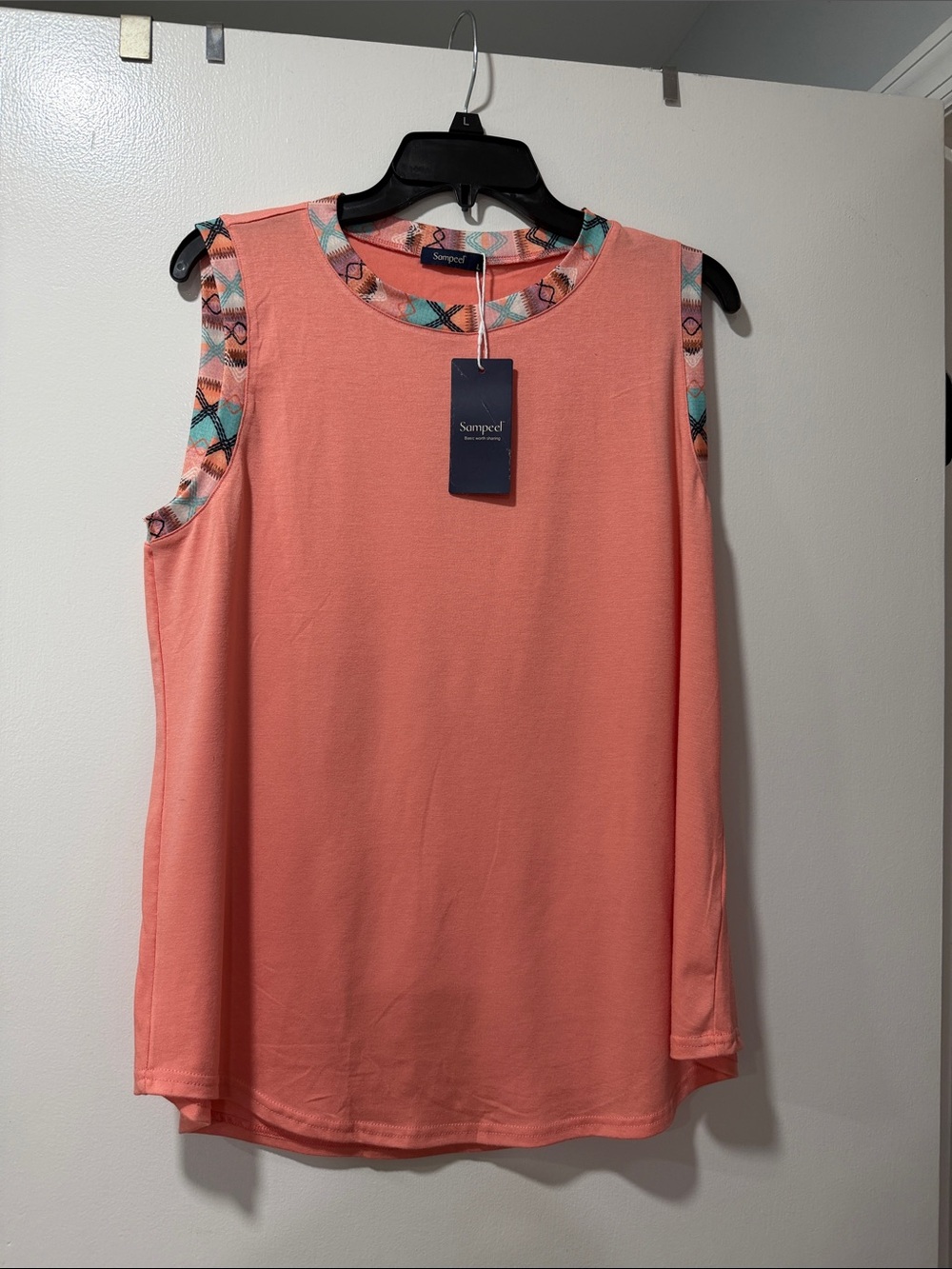 Simped Coral Sleeveless Tank with Patterned Trim